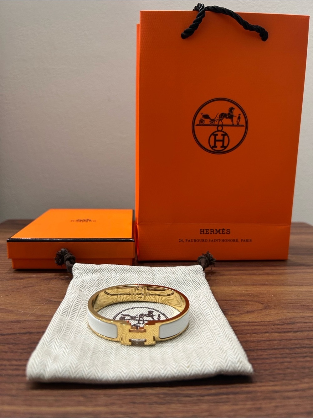 Hermes White And Gold Clic H Bracelet